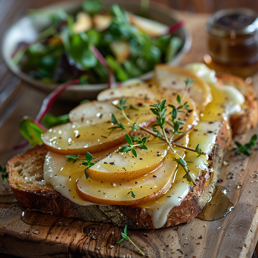 Brie en peer toast met honing en tijm
