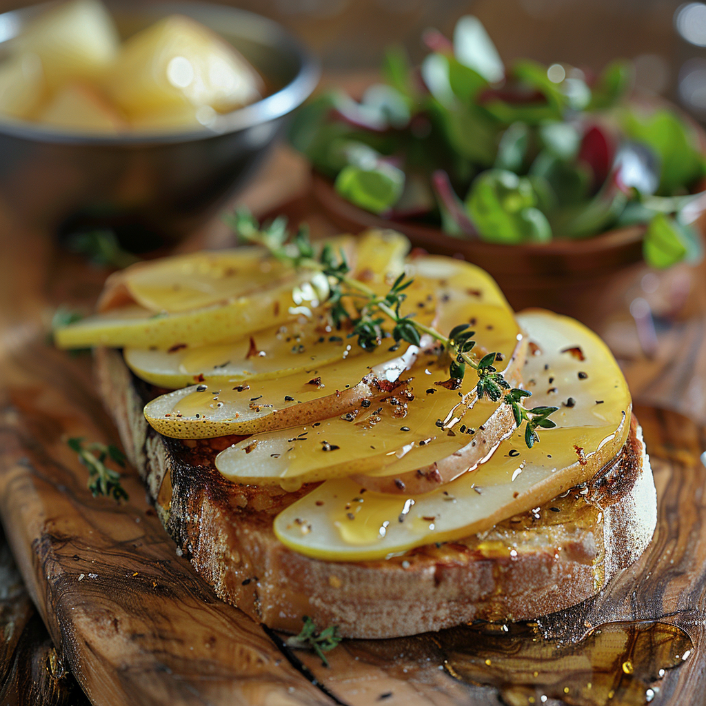 Brie en peer toast met honing en tijm