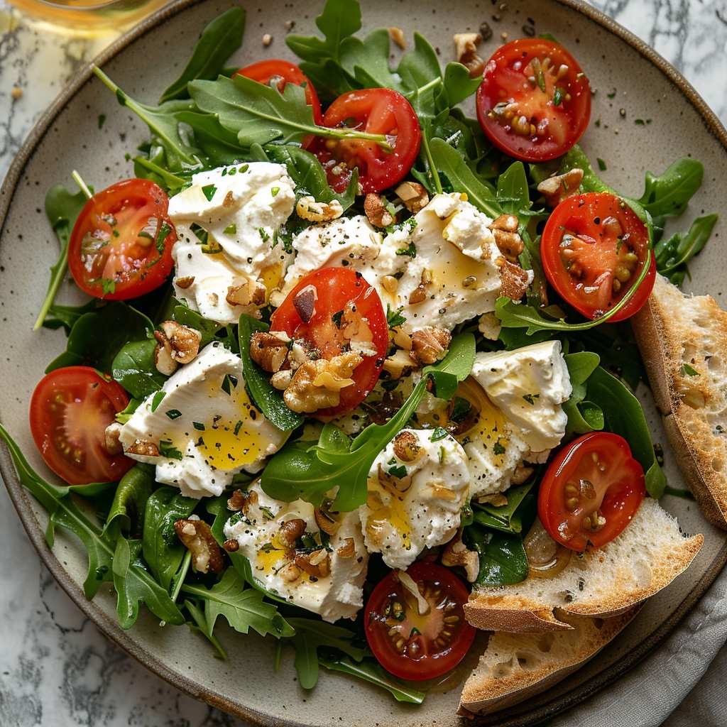 Geitenkaassalade met honing-walnootdressing