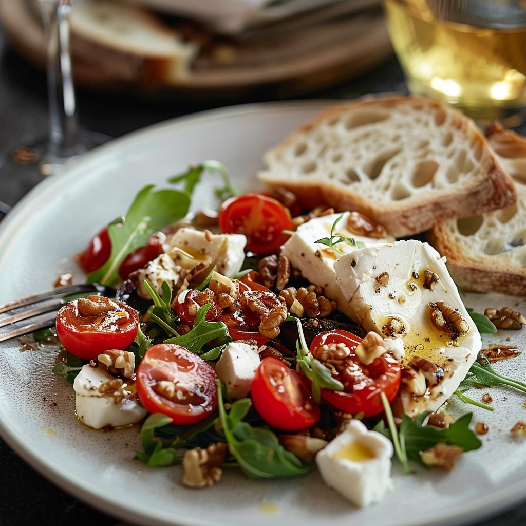 Geitenkaassalade met honing-walnootdressing