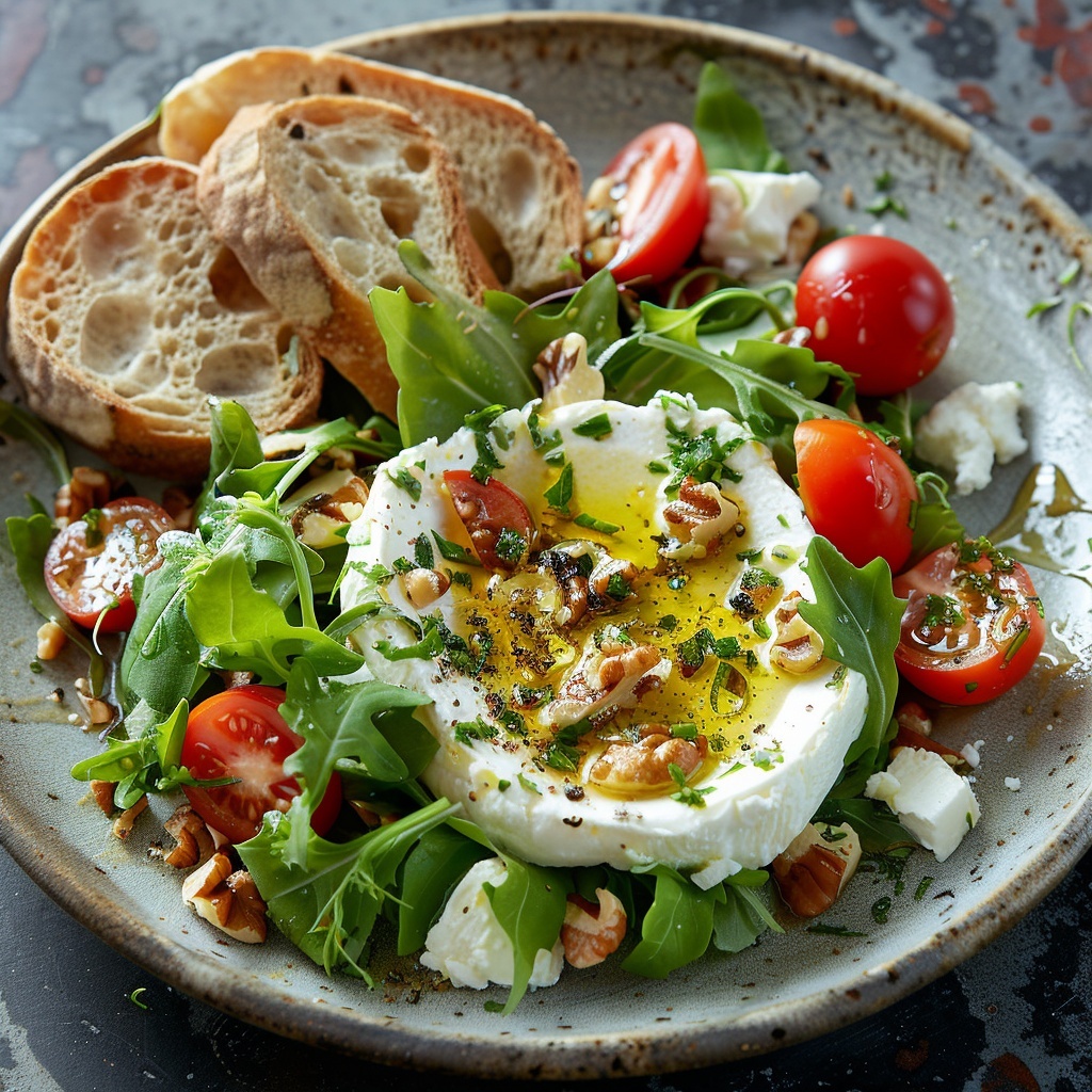Geitenkaassalade met honing-walnootdressing