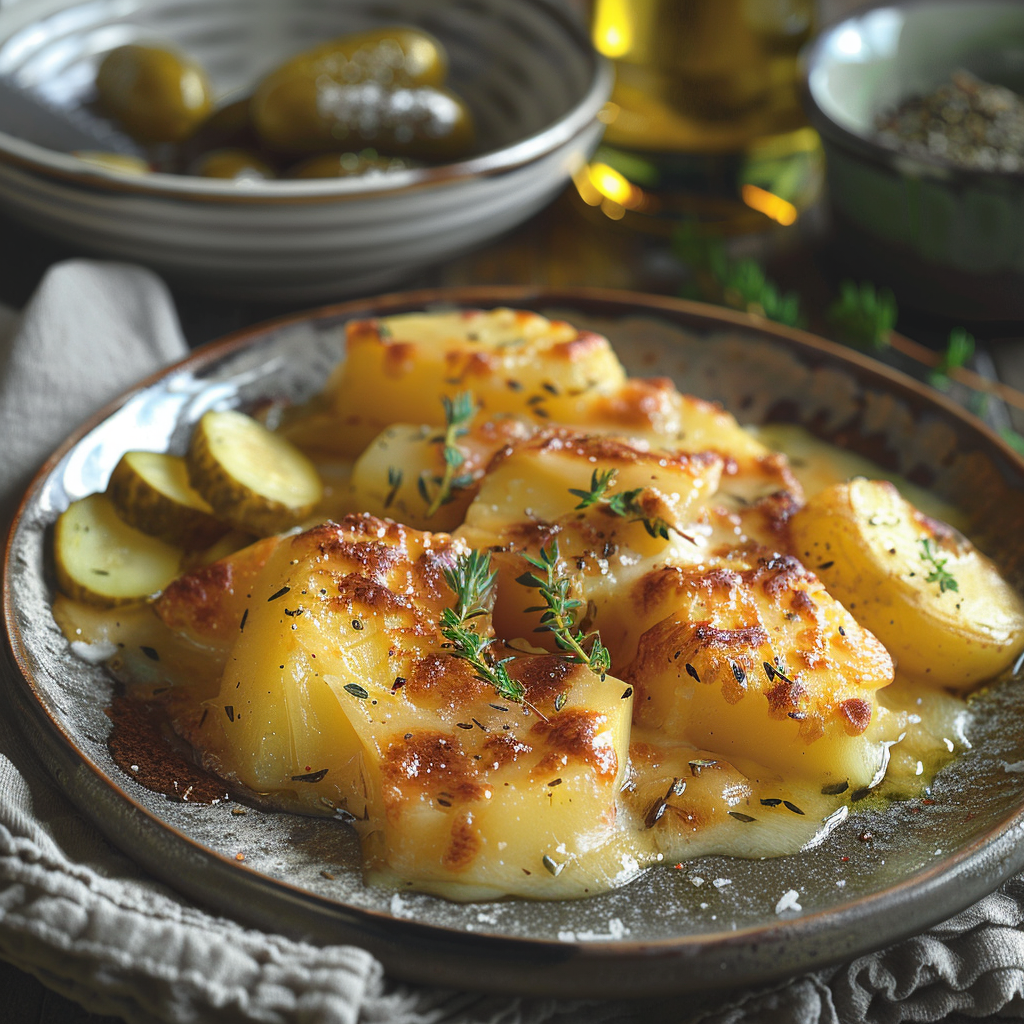 Gekarameliseerde raclette met aardappel en augurk