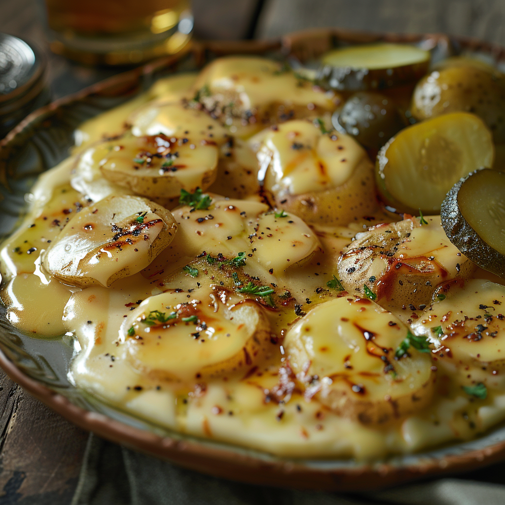 Gekarameliseerde raclette met aardappel en augurk