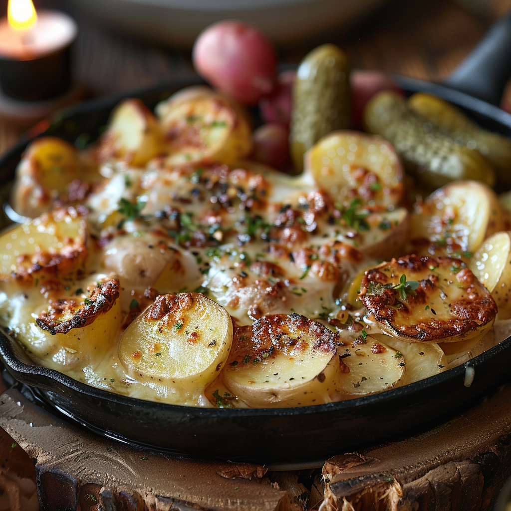 Gekarameliseerde raclette met aardappel en augurk