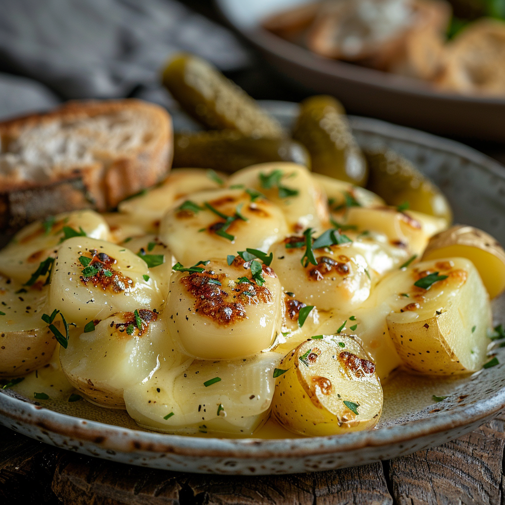 Gekarameliseerde raclette met aardappel en augurk