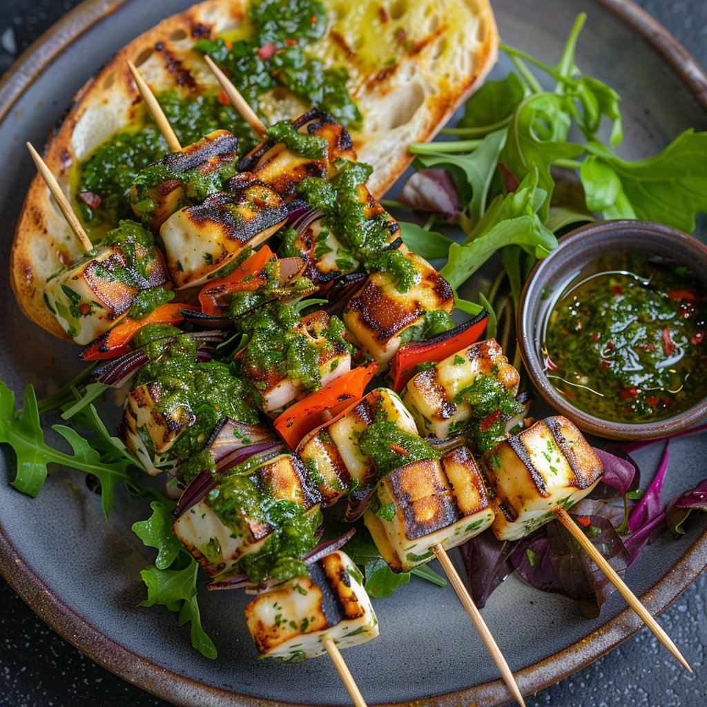 Groente-spiesjes met halloumi en chimichurri