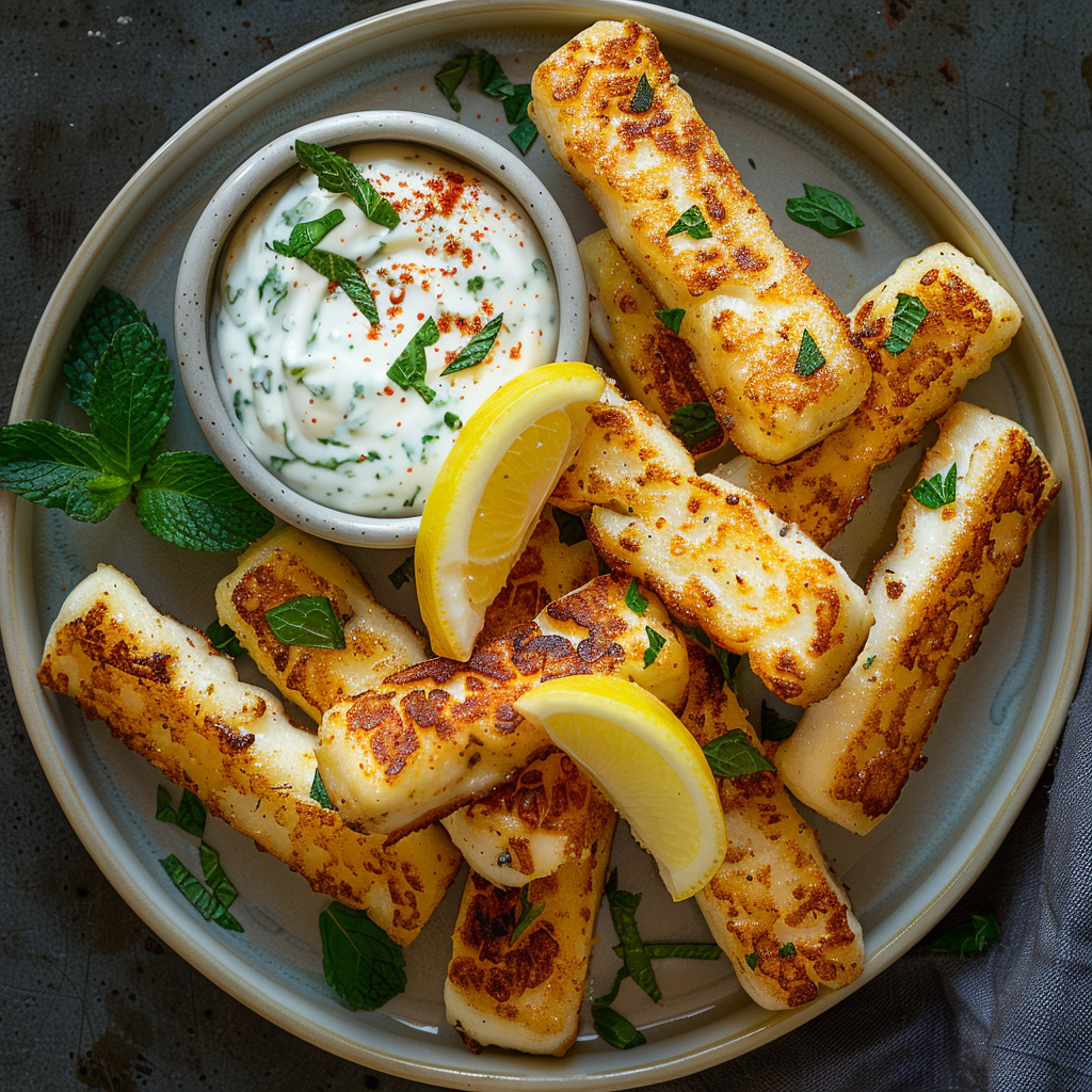 Halloumi-spiesjes met munt-yoghurtdip