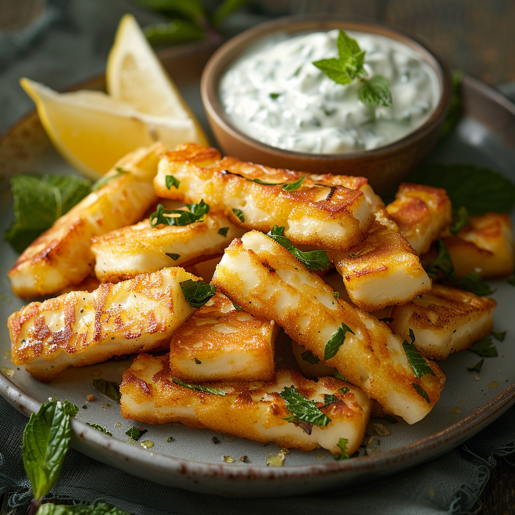 Halloumi-spiesjes met munt-yoghurtdip