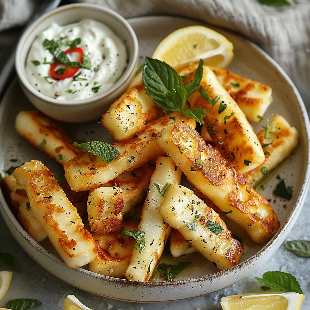 Halloumi-spiesjes met munt-yoghurtdip