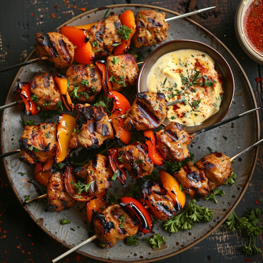 Kip-shawarma spiesjes met paprika en knoflooksaus