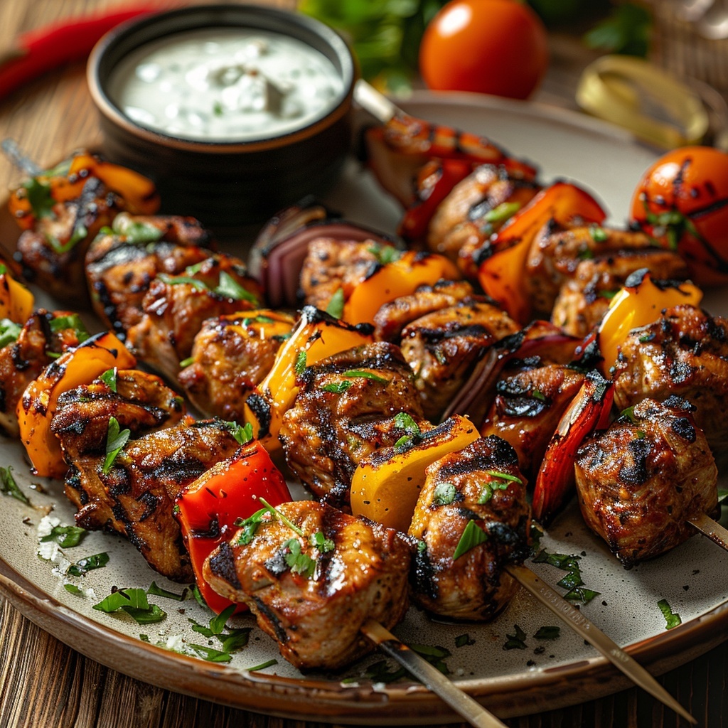 Kip-shawarma spiesjes met paprika en knoflooksaus