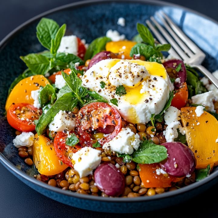 Kleurige Linzensalade Feta
