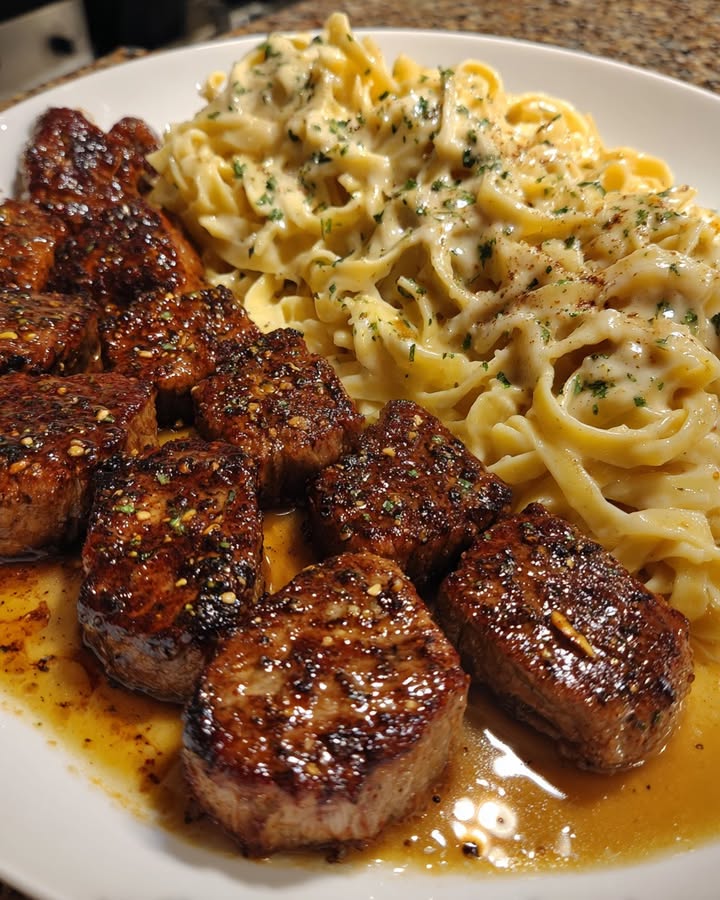 Knoflookboter Steaktips Linguine