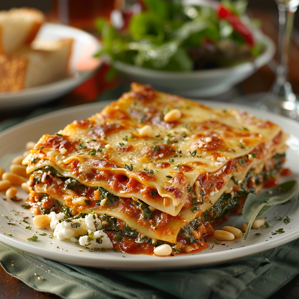 Lasagne met ricotta, spinazie en pijnboompitten