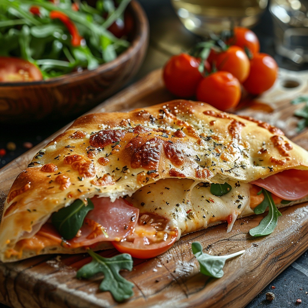 Pizza Calzone gevuld met serranoham en mozzarella
