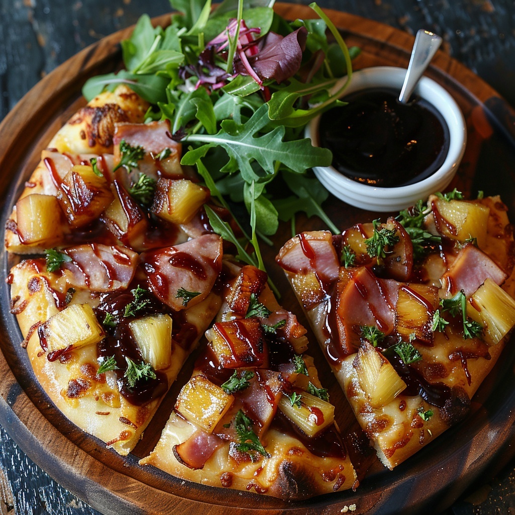 Pizza Hawaii met ananas, spek en barbecue-saus
