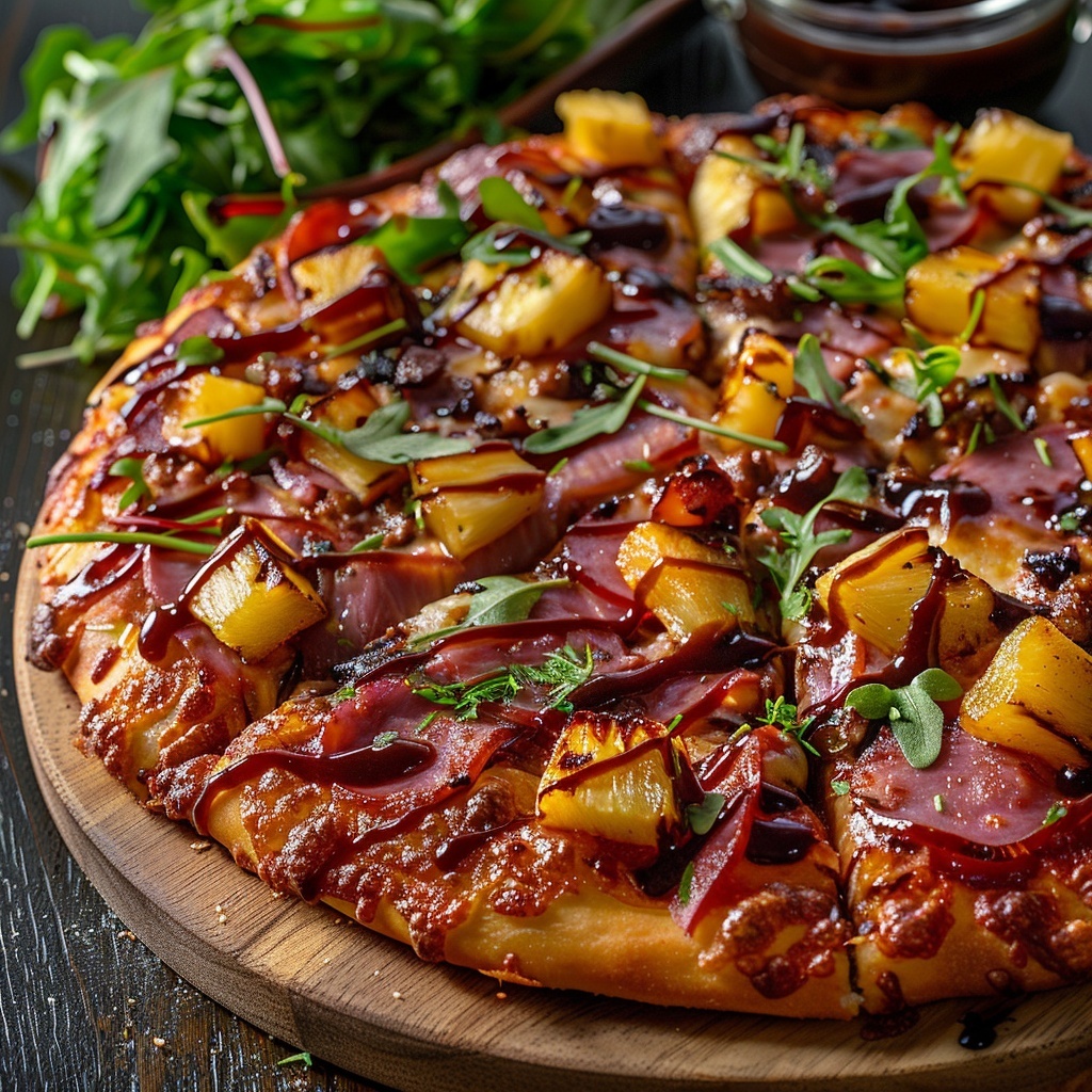 Pizza Hawaii met ananas, spek en barbecue-saus