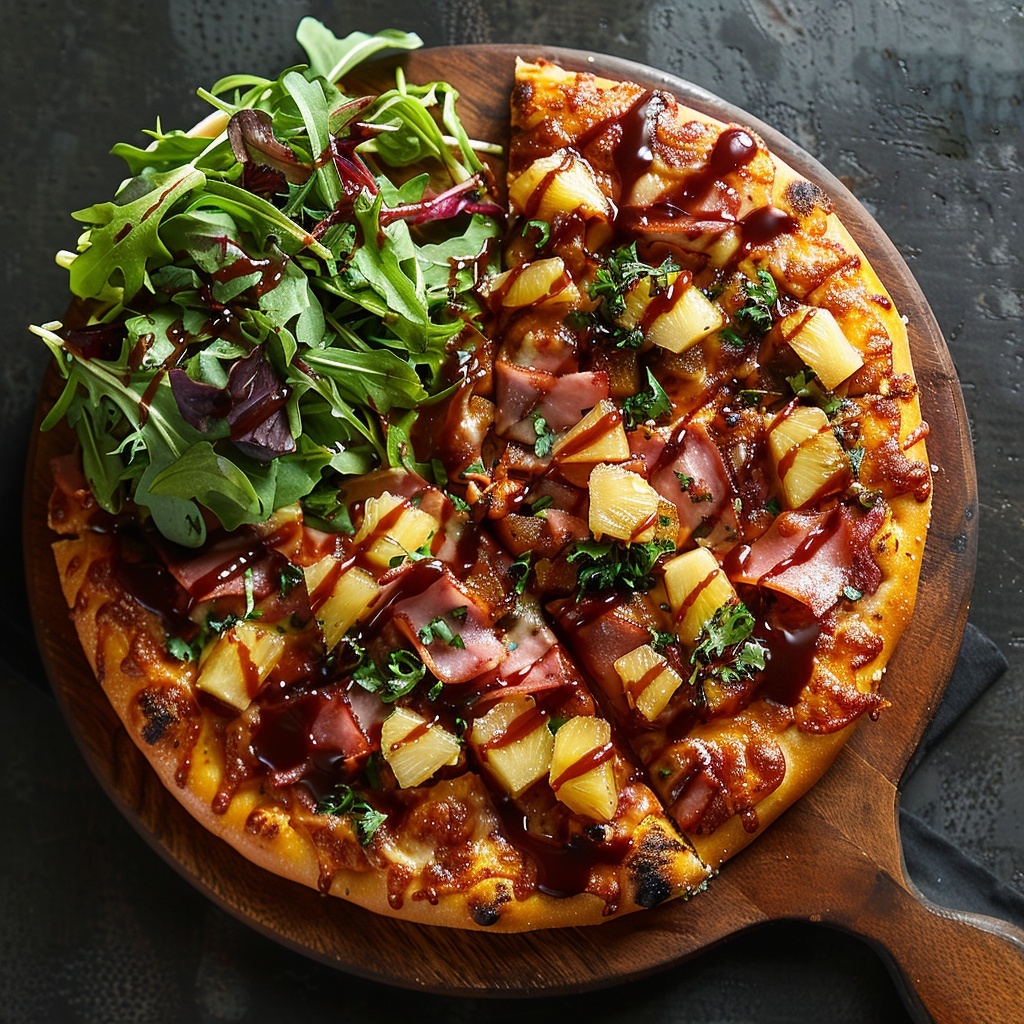 Pizza Hawaii met ananas, spek en barbecue-saus