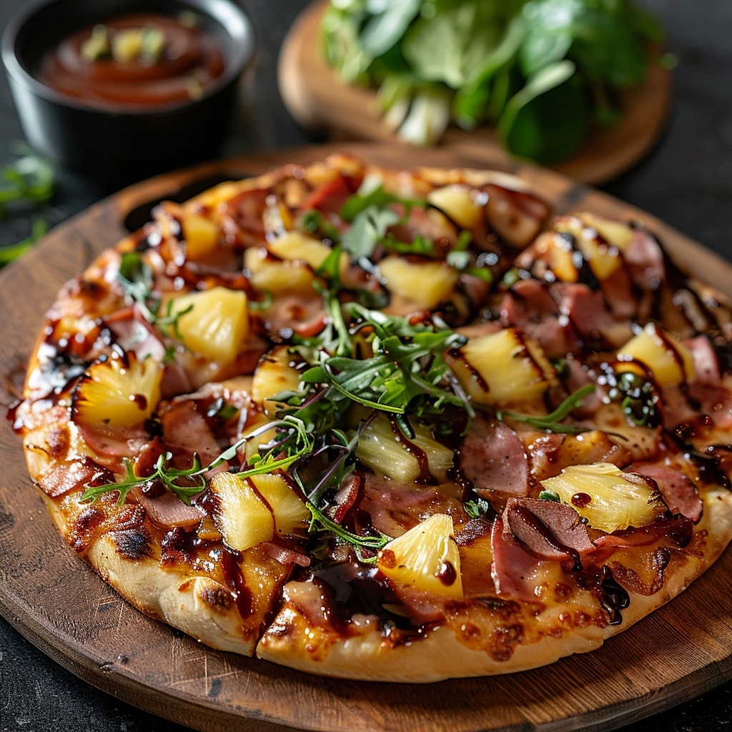 Pizza Hawaii met ananas, spek en barbecue-saus