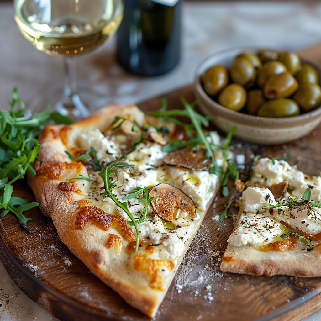 Pizza bianca met truffelricotta en rucola
