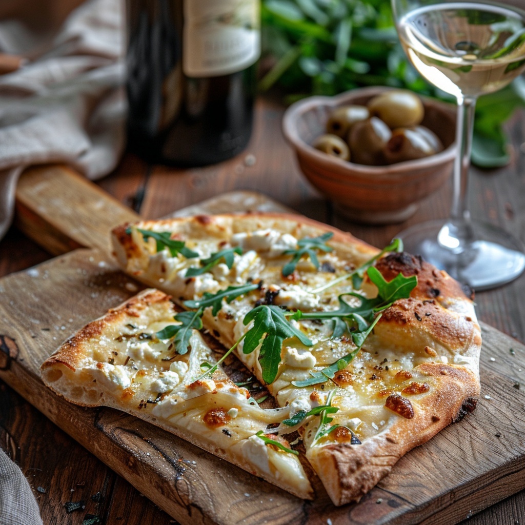 Pizza bianca met truffelricotta en rucola