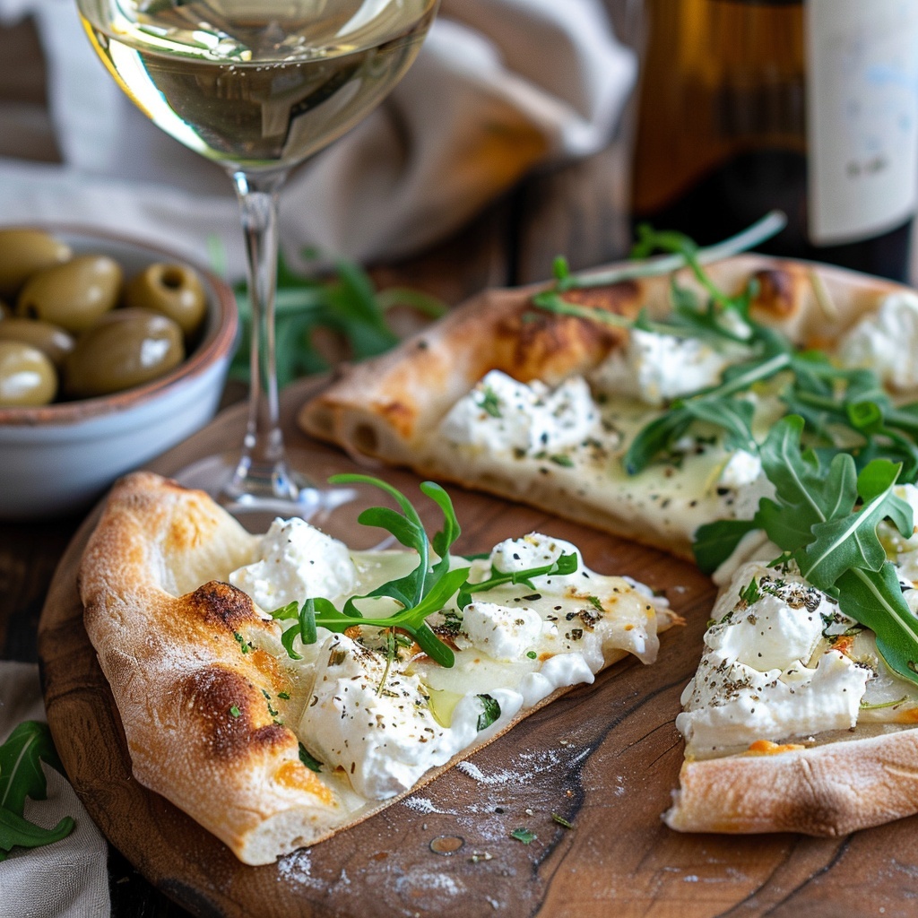 Pizza bianca met truffelricotta en rucola