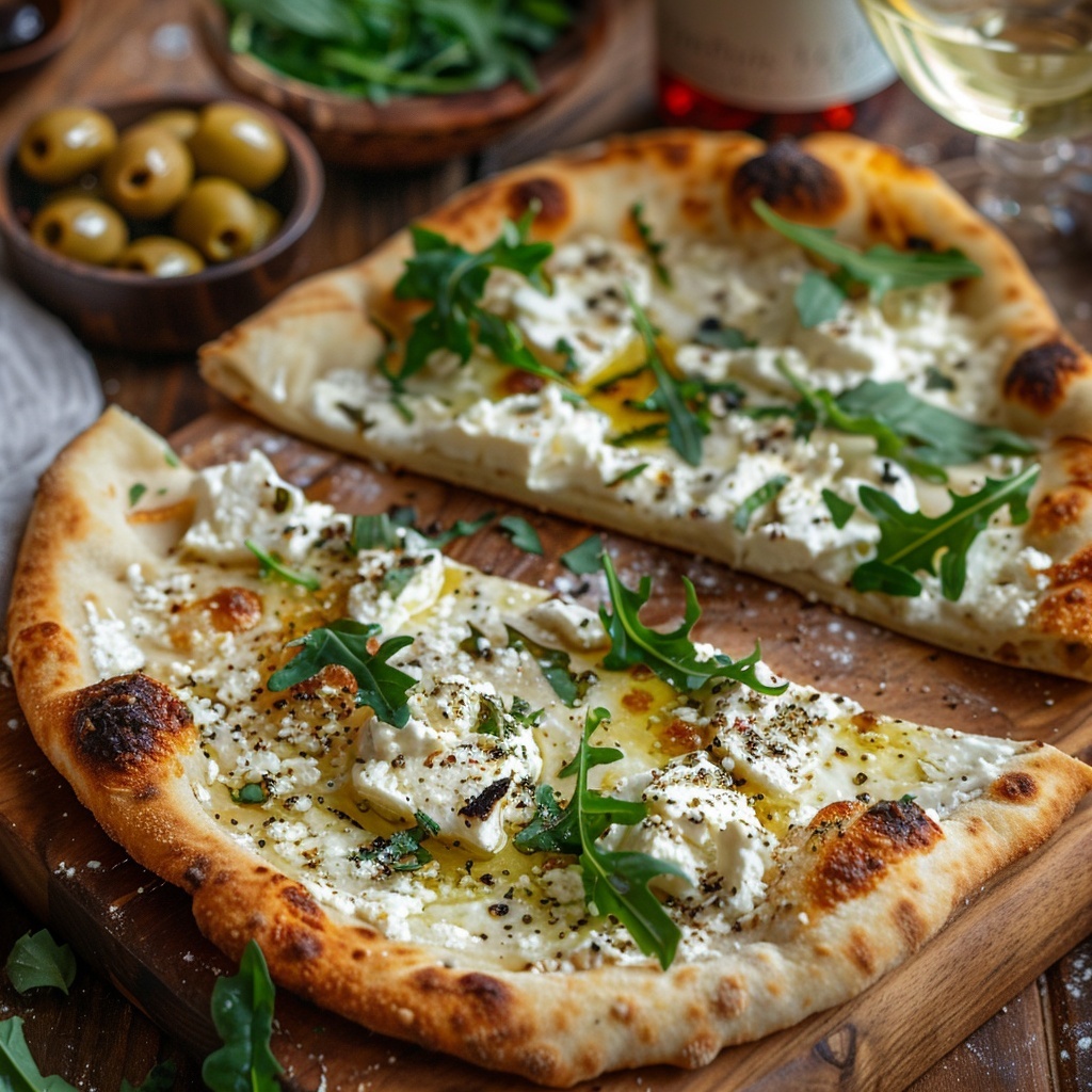 Pizza bianca met truffelricotta en rucola