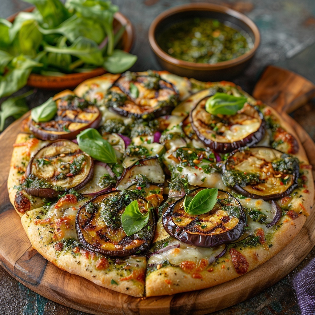 Pizza met gegrilde aubergine, courgette en pesto