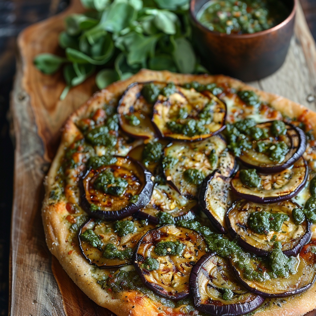 Pizza met gegrilde aubergine, courgette en pesto