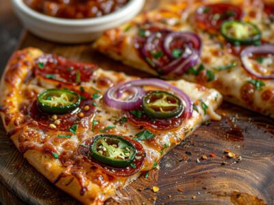 Pizza pittig met pepperoni, jalapeños en rode ui: Heerlijk!