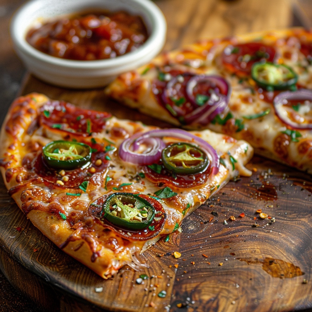 Pizza pittig met pepperoni, jalapeños en rode ui