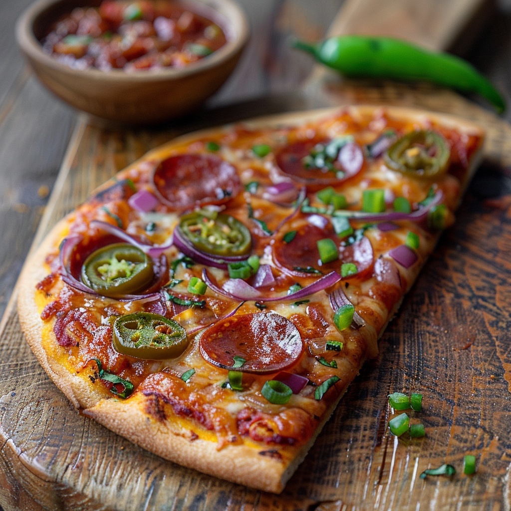 Pizza pittig met pepperoni, jalapeños en rode ui
