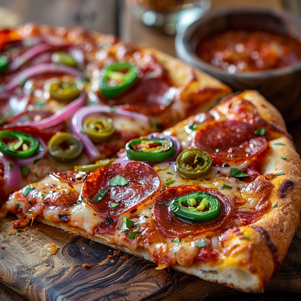 Pizza pittig met pepperoni, jalapeños en rode ui
