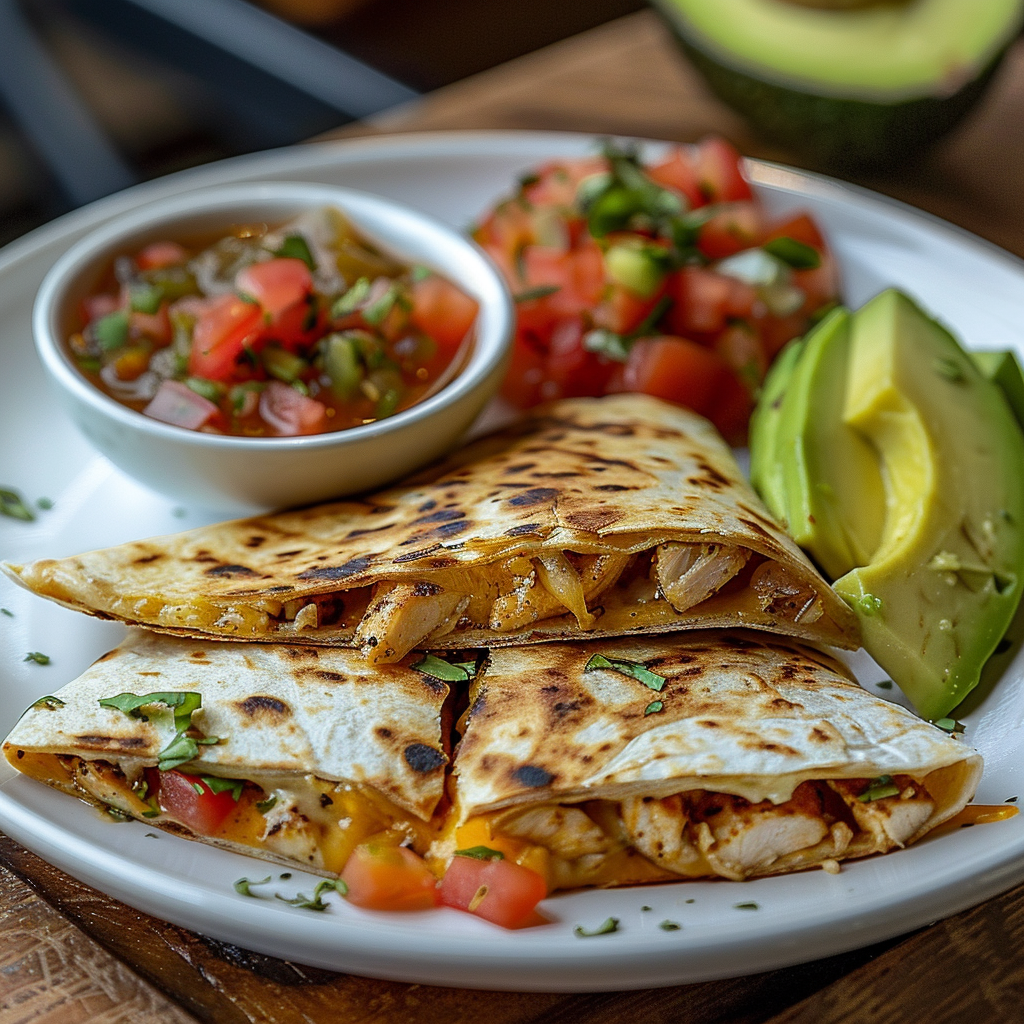 Quesadilla’s met cheddar, kip en tomatensalsa