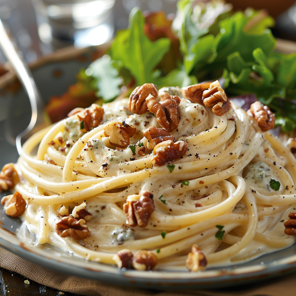 Spaghetti met gorgonzola-roomsaus en walnoten