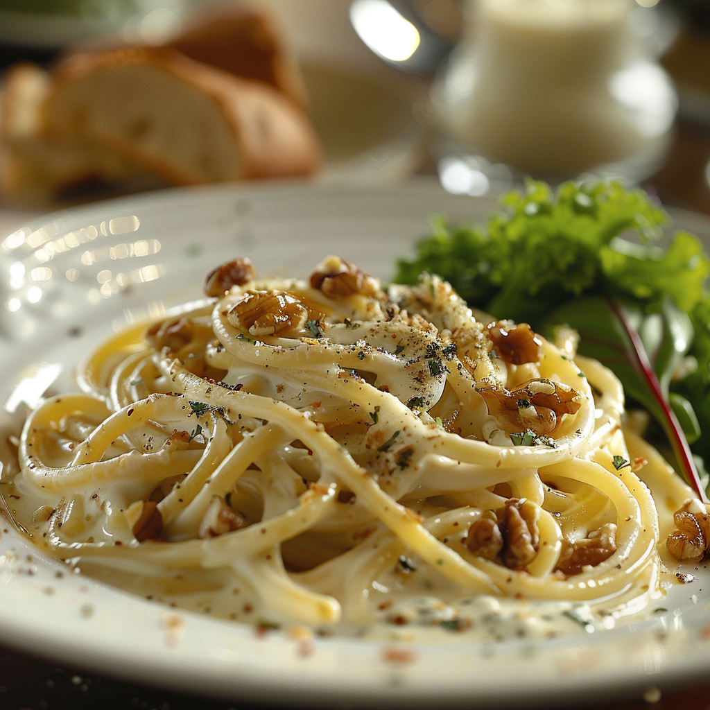 Spaghetti met gorgonzola-roomsaus en walnoten