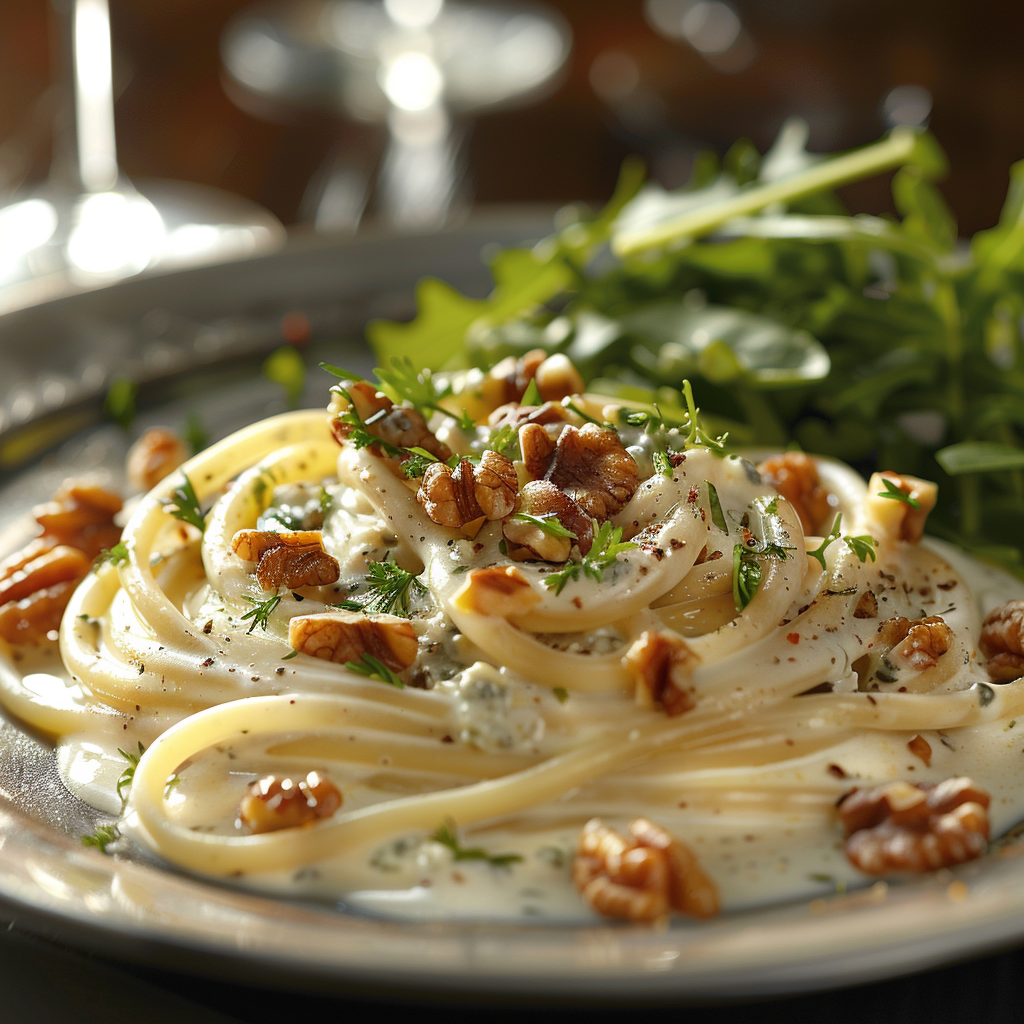 Spaghetti met gorgonzola-roomsaus en walnoten