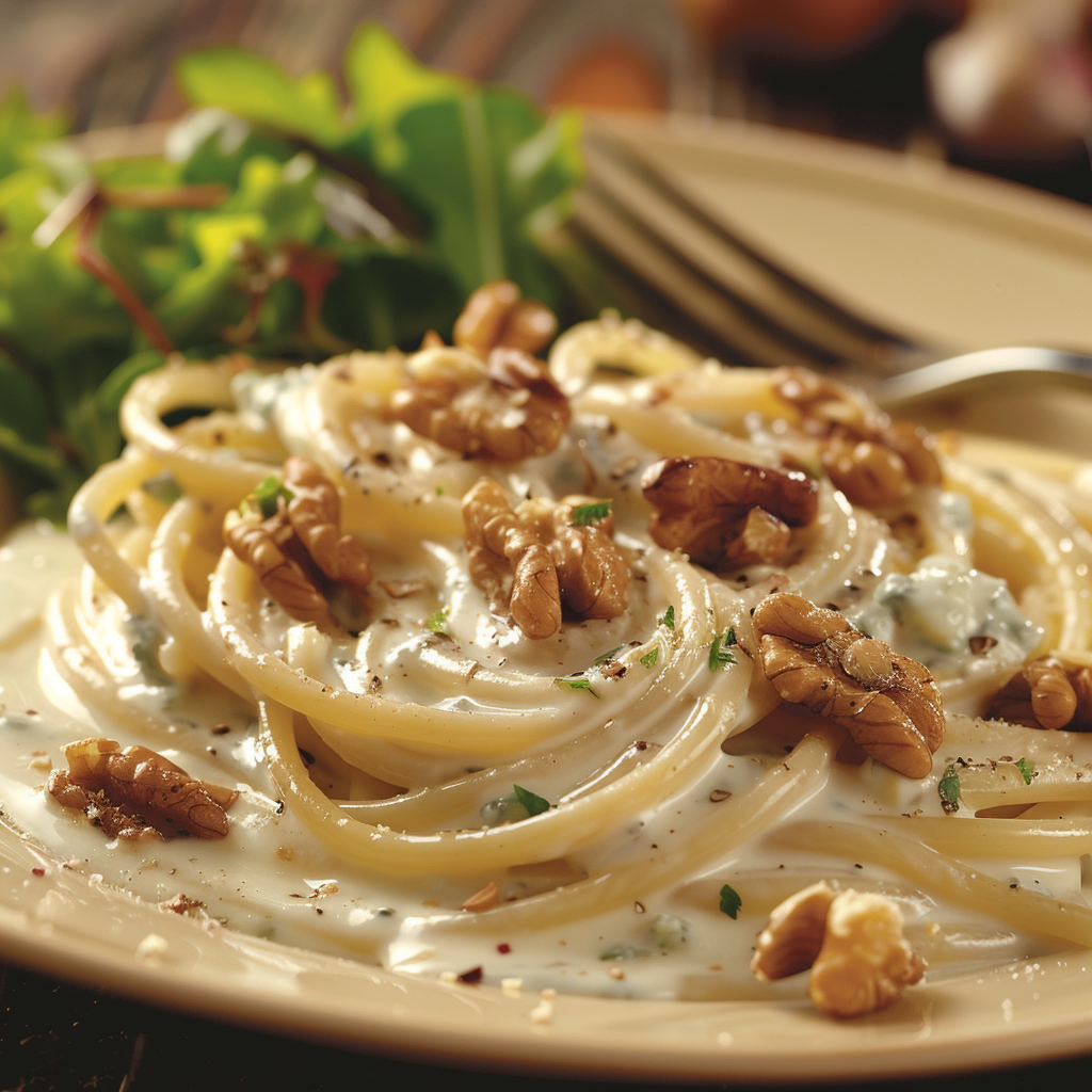 Spaghetti met gorgonzola-roomsaus en walnoten