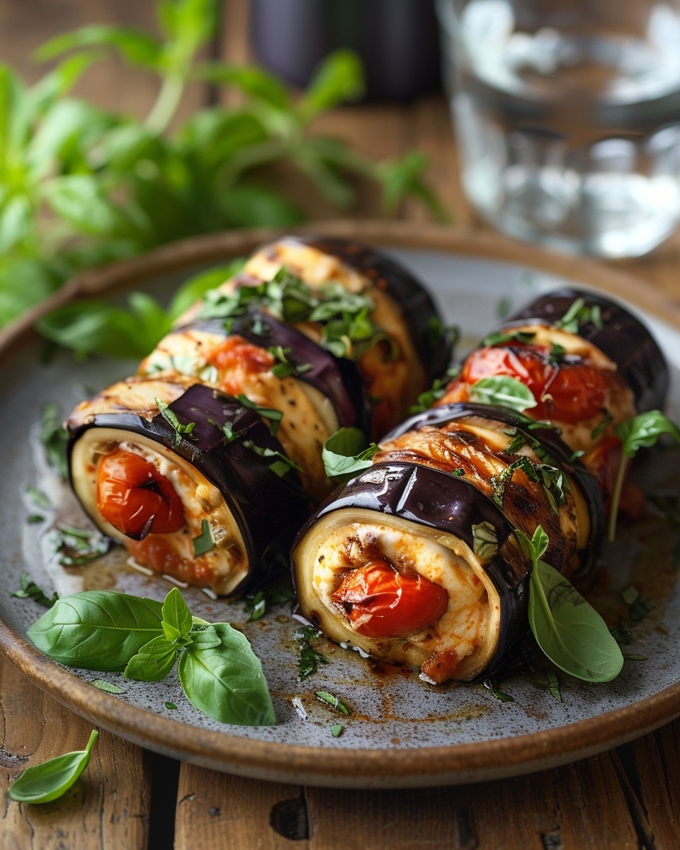 Aubergineroulade met tomaat en mozzarella
