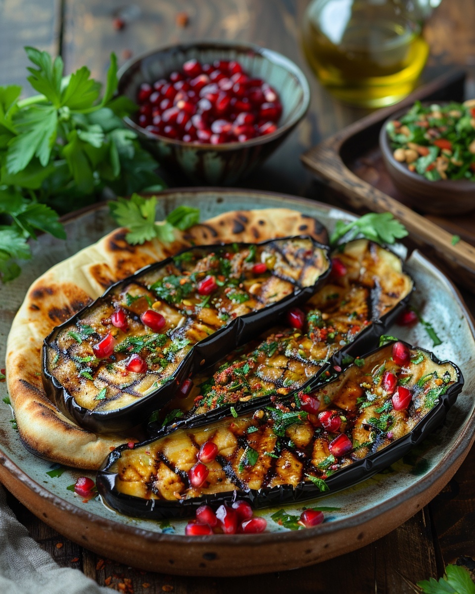 Gegrilde aubergine met tahini en granaatappelpitten