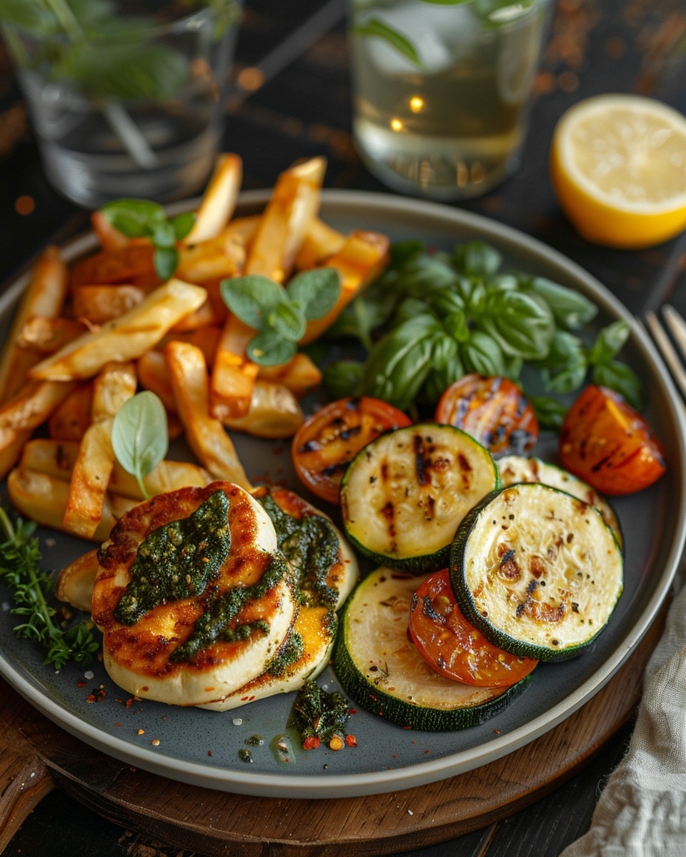 Halloumi-burgers met gegrilde courgette en pesto
