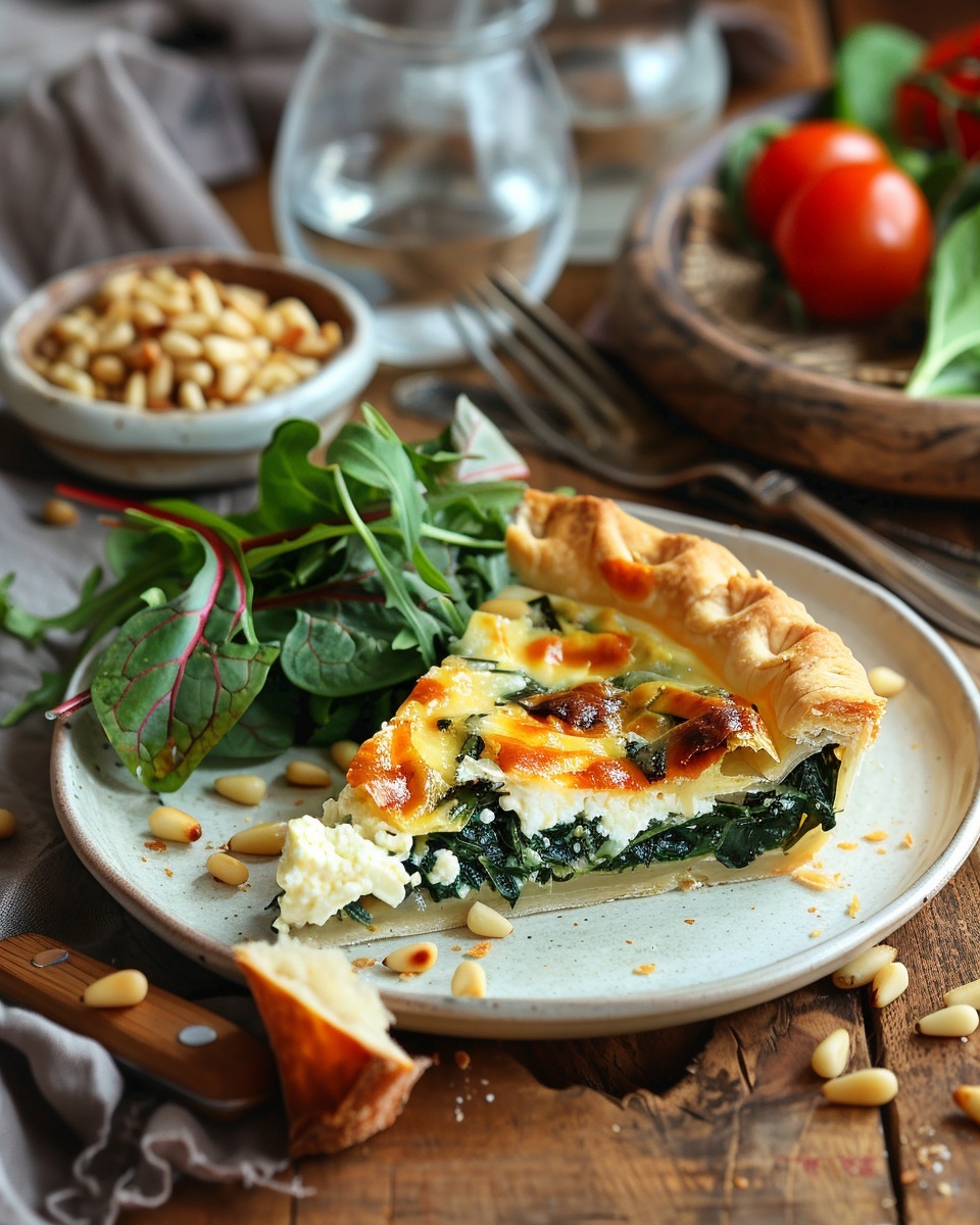 Hartige taart met spinazie, ricotta en pijnboompitten