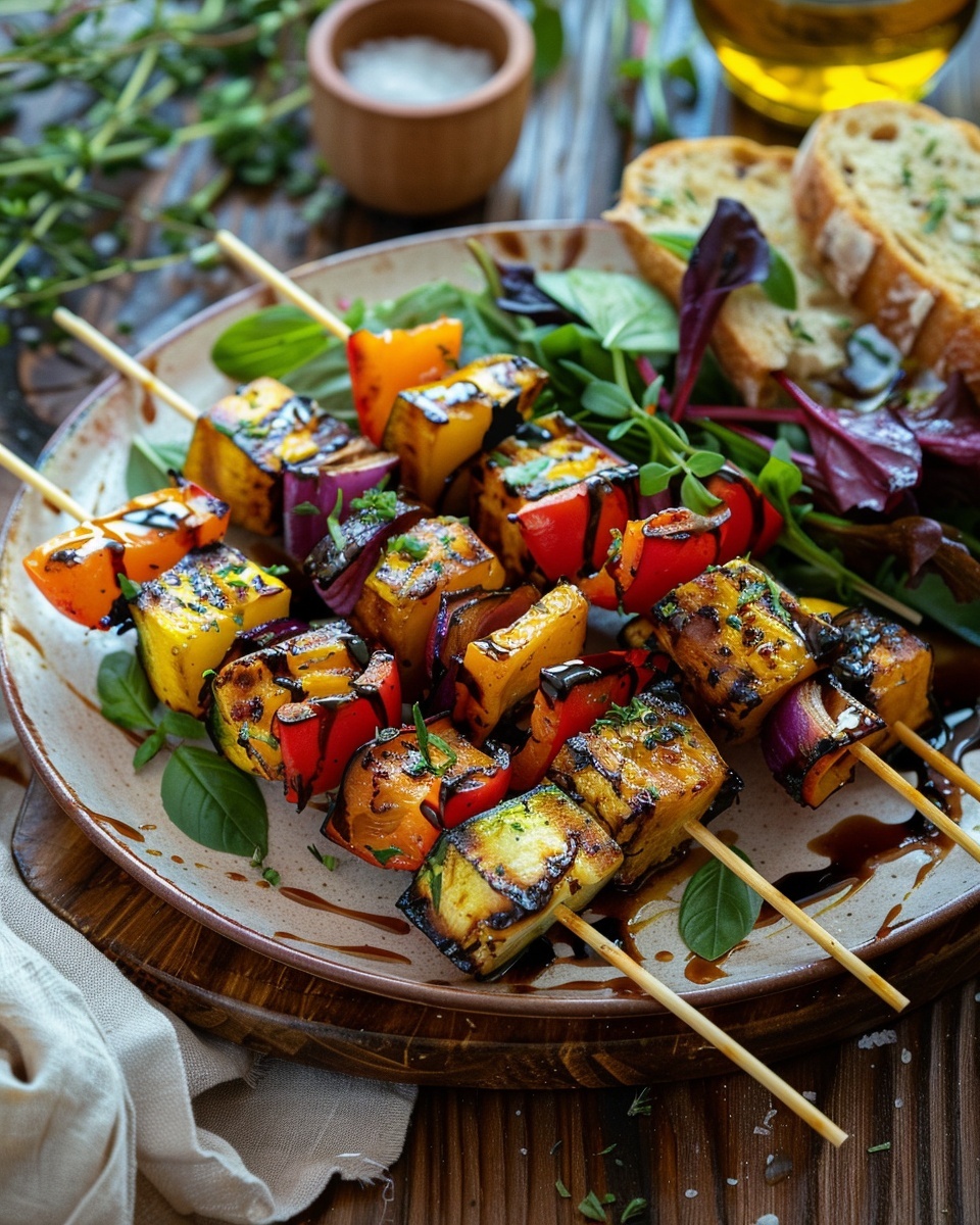 Kleurrijke groentespiesjes met balsamico-glazuur