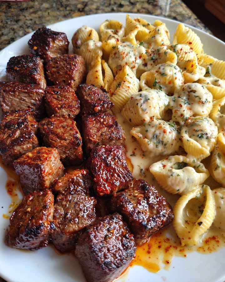 Knoflookboter Steak Pasta