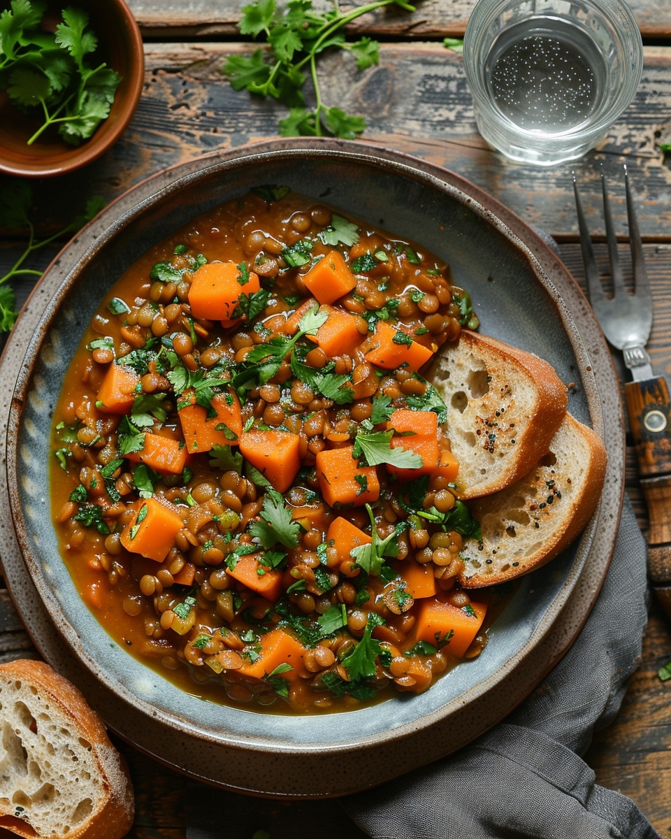 Linzenschotel met zoete aardappel en koriander