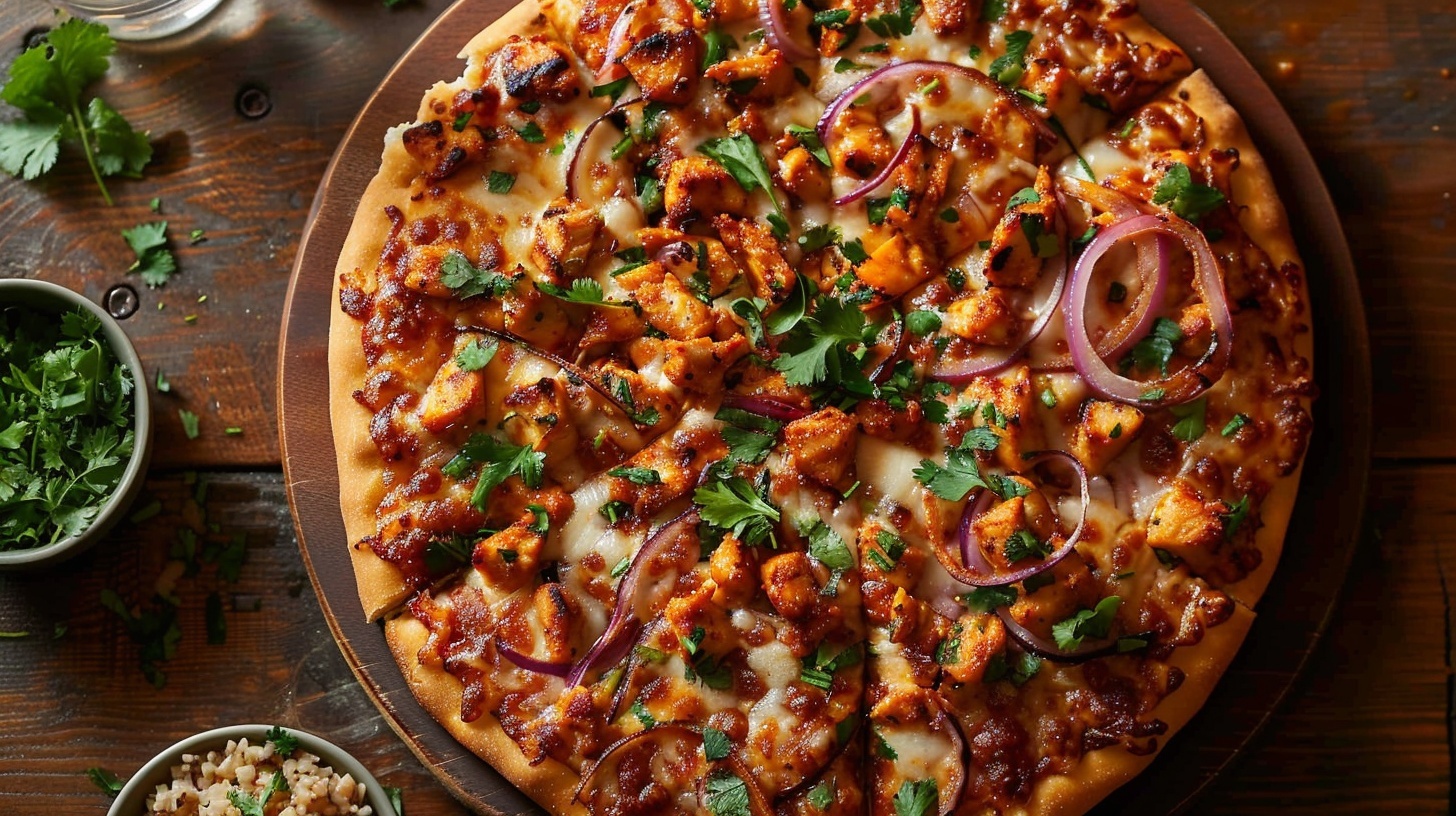 Pizza BBQ-chicken met rode ui en koriander