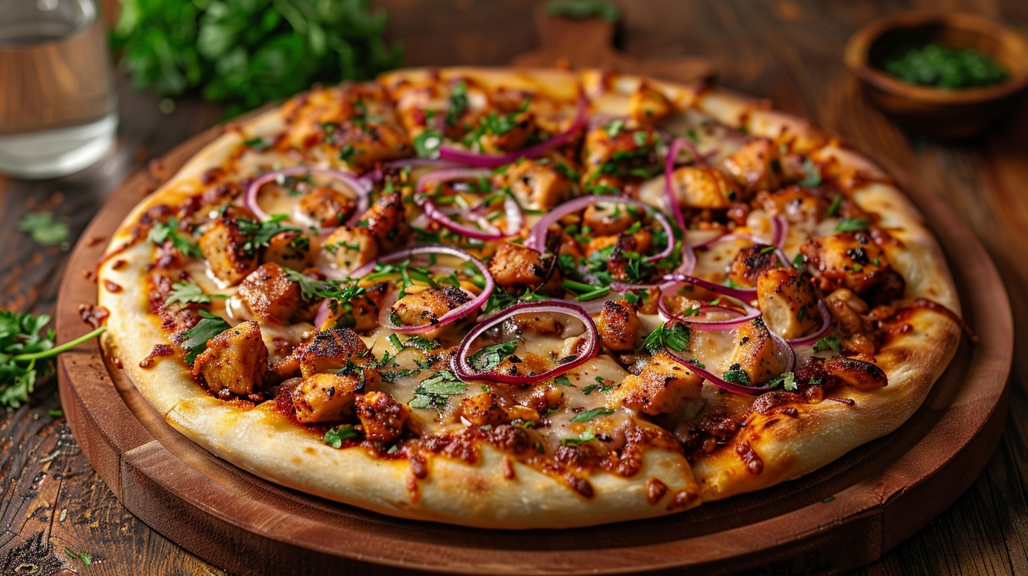 Pizza BBQ-chicken met rode ui en koriander
