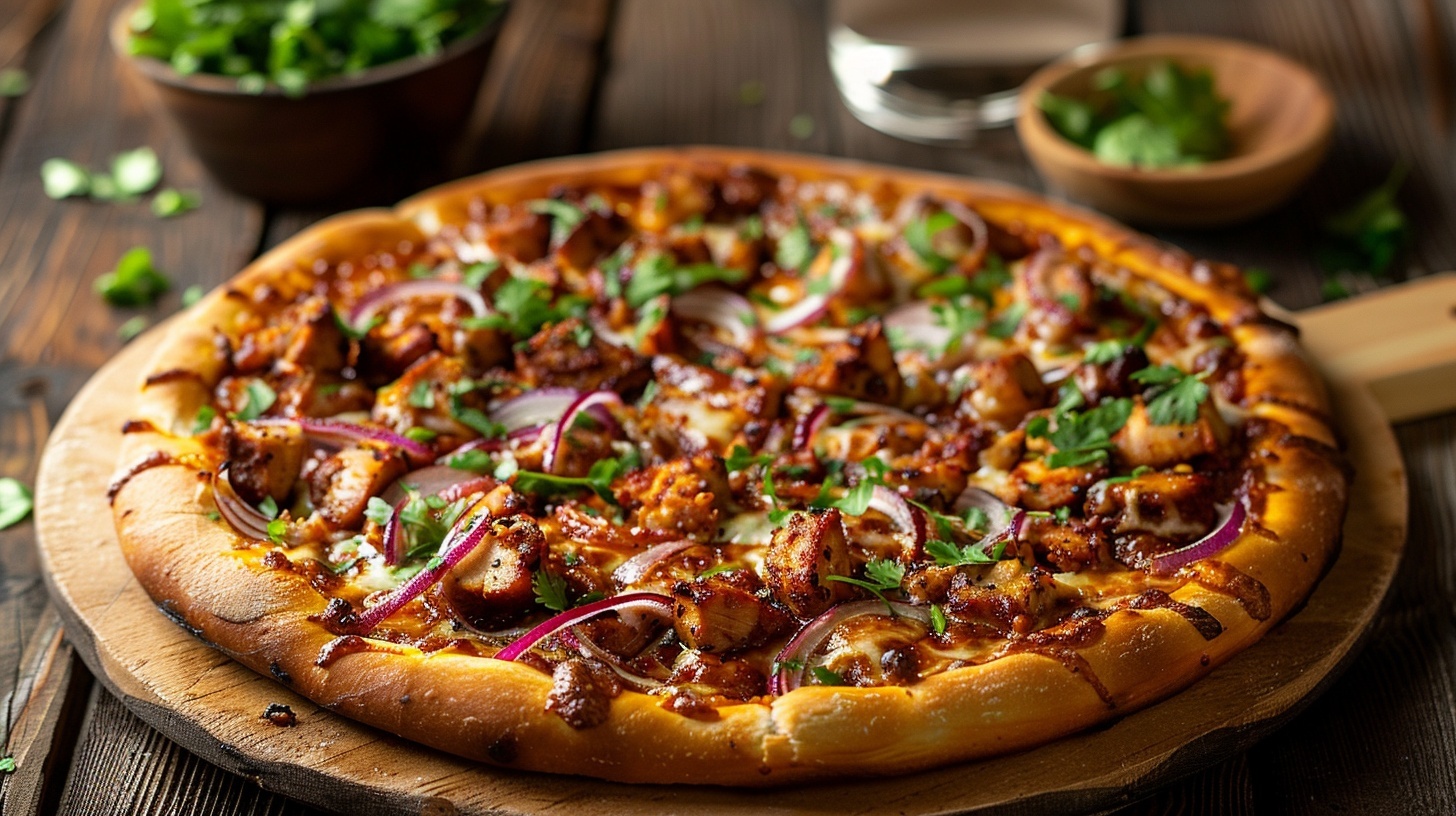 Pizza BBQ-chicken met rode ui en koriander