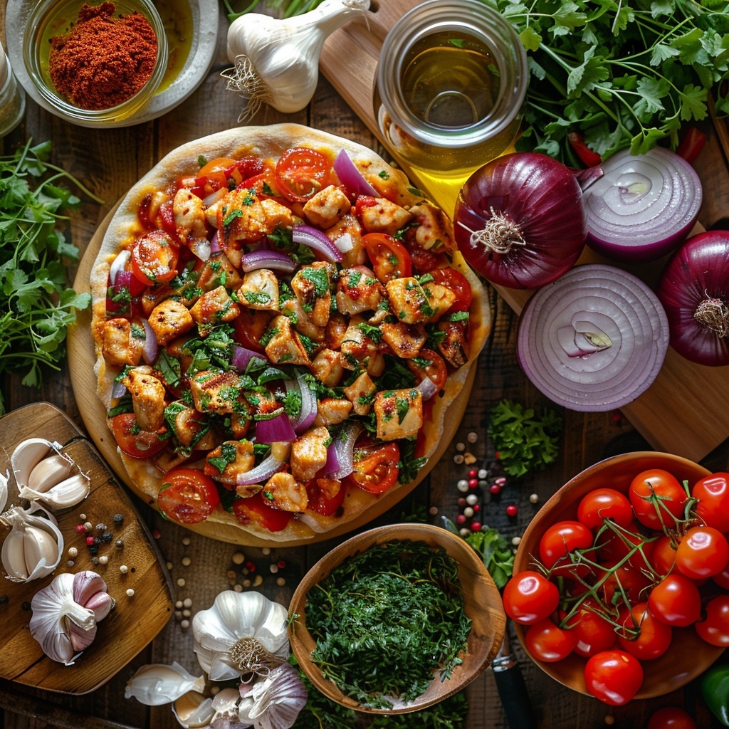 Pizza BBQ-chicken met rode ui en koriander