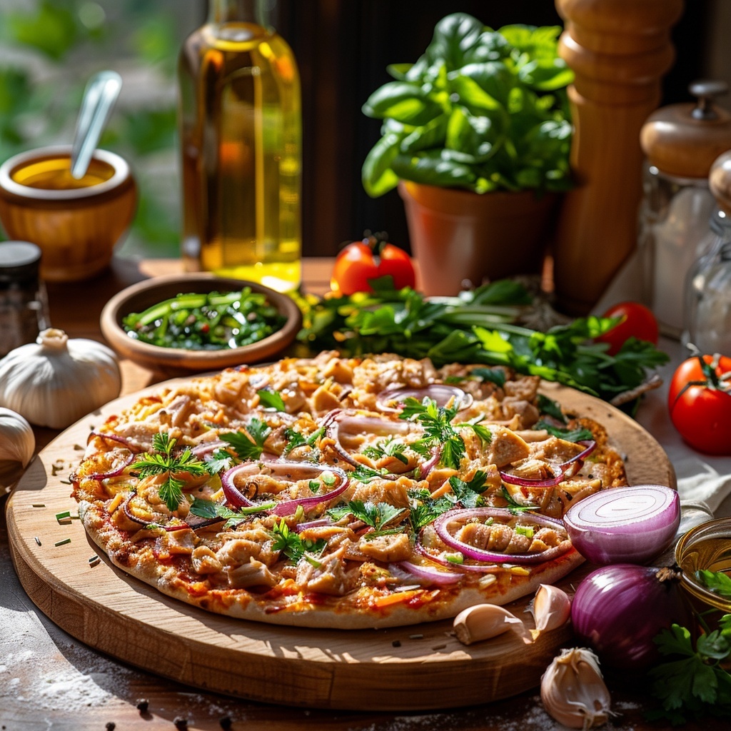 Pizza BBQ-chicken met rode ui en koriander